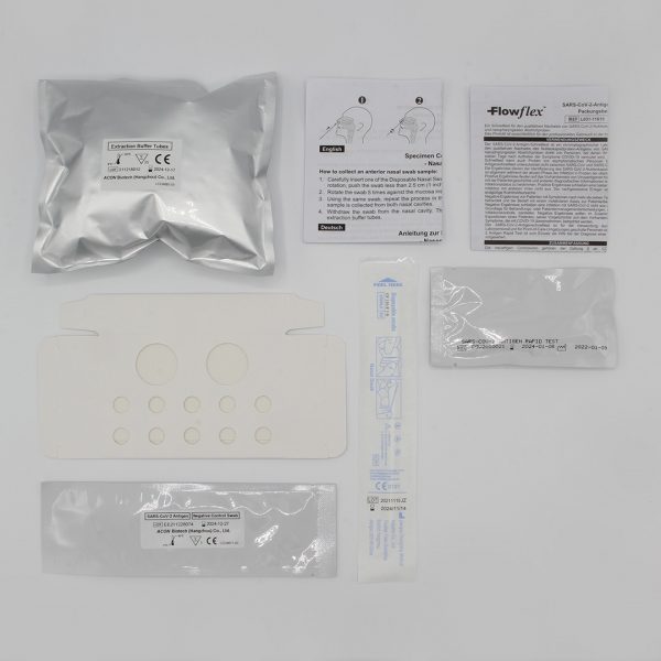 Inhalt Verpackungseinheit Einzelteile Flowflex SARS-CoV-2 Antigen Schnelltest nasal